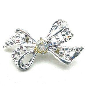 Small Bow Pin Silver Tone Rhinestone Center Classic Career Cosplay LARP Glam
